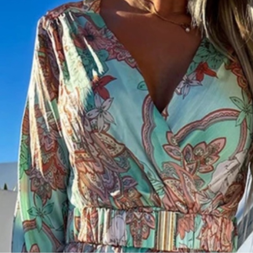 MINT GREEN/PINK BOHEMIAN DRESS - Picture 3 of 5
